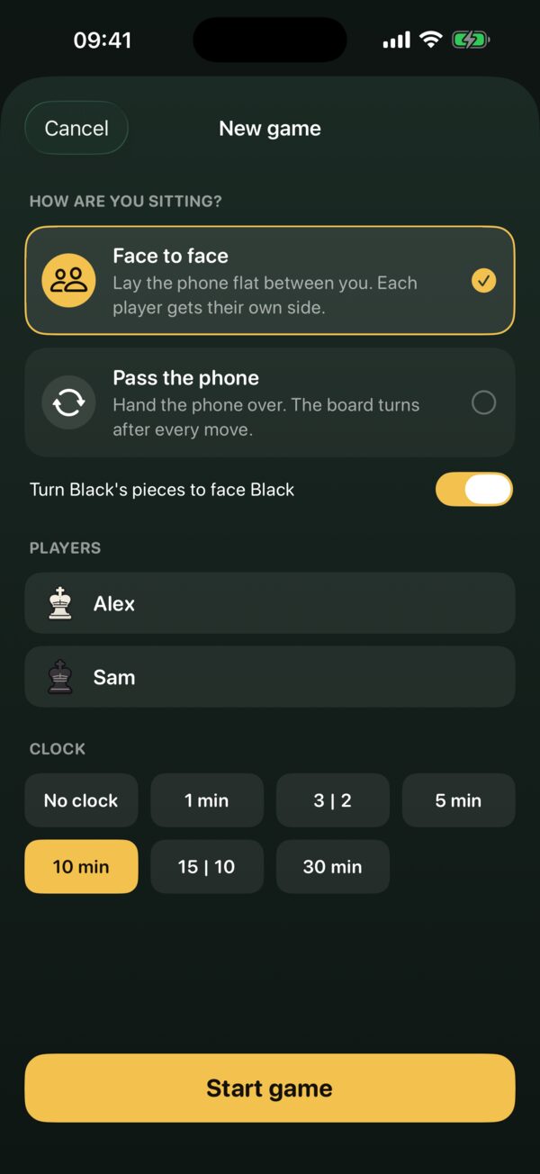 New game: mode, names and clock